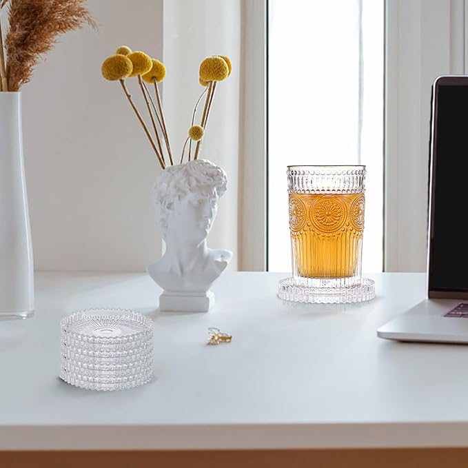 Modern Clear Coaster Set of 5- Glass Coasters for Drinks, Crystal Clear | Crystal Coasters Round Cup Mat Coffee Table Decor for Office, Kitchen, Bar, Dining Room, Living Room, Patio