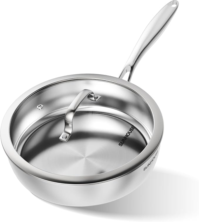 Sunhouse Stainless Steel Frying Pan 10 Inch | 18/8 3-Ply Clad Skillet with Stay Cool Handle, Oven and Dishwasher Safe, Induction Compatible