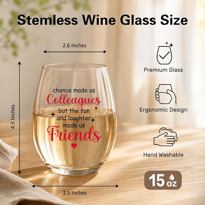 Chance Made Us Colleagues But Fun and Laughter Made Us Friends Stemless Wine Glass, Coworker Glassware Gifts for Men Women, Colleagues Wine Glass for Office Party Farewell Birthday Christmas