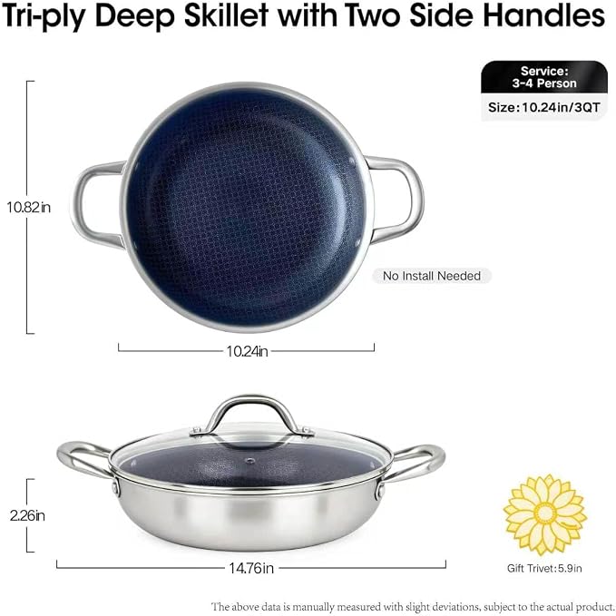BRASA Nonstick Deep Frying pan with lid,10.24in/3QT,Stainless Steel Saute Pan,nonstick Cookware,Compatible Gas,Electric & Induction,Dishwasher safe PFOA Free(10.24in+5.9in trivet) Dual Handles