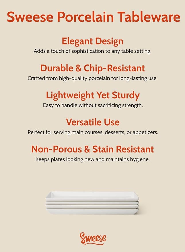 Sweese Porcelain Serving Platters 11.7 Inch - Elegant White Rectangular Plates, Set of 4 for Parties, Sushi, Appetizers