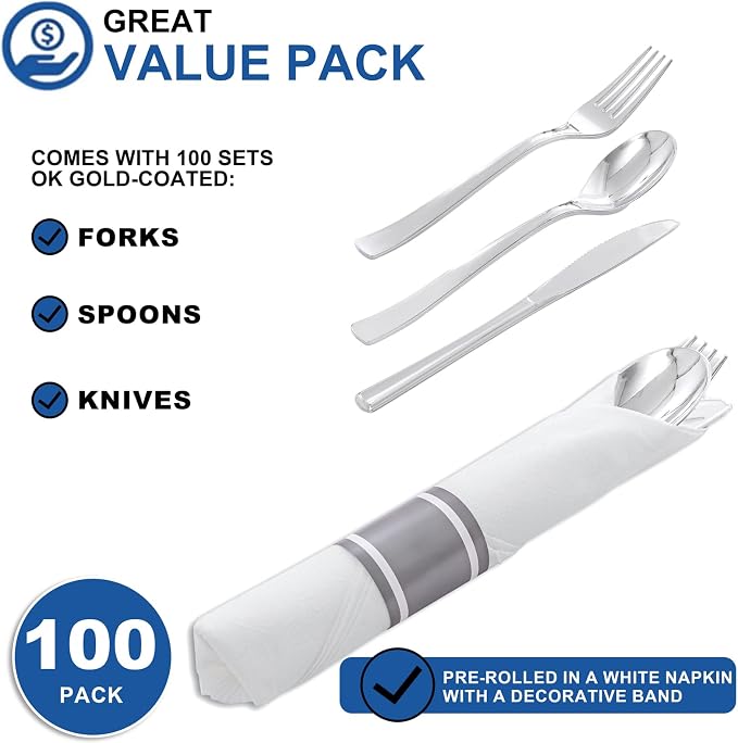 400PCS Pre Rolled Silver Plastic Silverware Heavy Duty for Wedding | Individually Wrapped Utensils, 100 Pack, Durable and Sturdy, BPA free, Include Matching napkins, For Parties, Catered Events