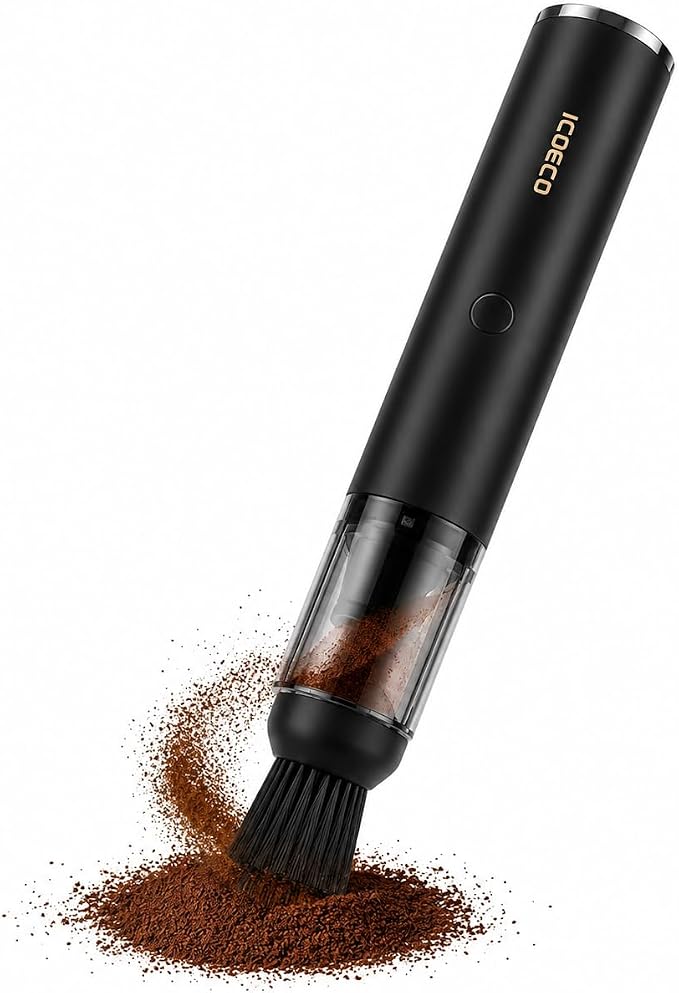 Mini Coffee Grinder Vacuum Cleaner for Espresso Machines & Barista Stations | Coffee vacuum, grounds cleanup, 4 heads, soft bristle brush, angled nozzle, blower tip, removable tray, USB-C rechargeable