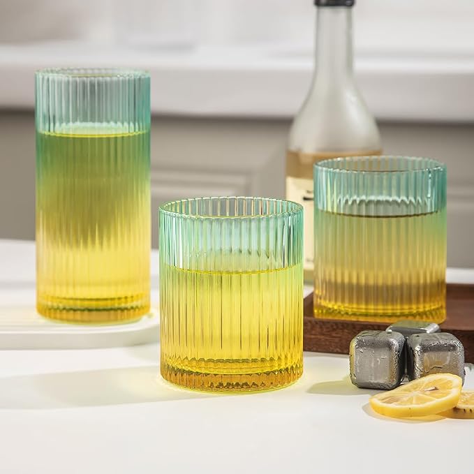 Ribbed Drinking Glasses 8pcs, 12oz and 10oz Glassware, Tumbler Glasses Cup Set for Wedding, Party, Christmas Gift, Golden Green