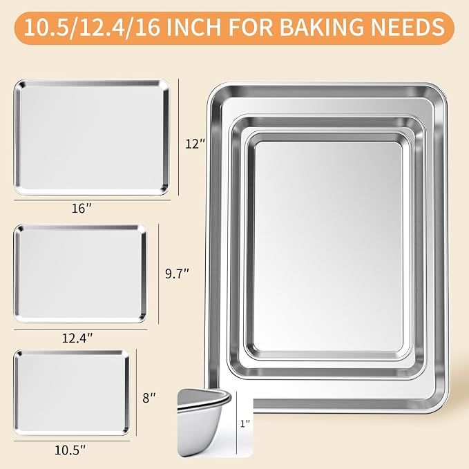 Baking Sheet Set of 3, Stainless Steel Cookie Sheets Baking Sheet Pan, 10.5/12.4/16 Inch, Thicker and Firmer Baking Pans Set, Non-stick, Non toxic & Heavy Duty & Easy Clean, Dishwasher Safe