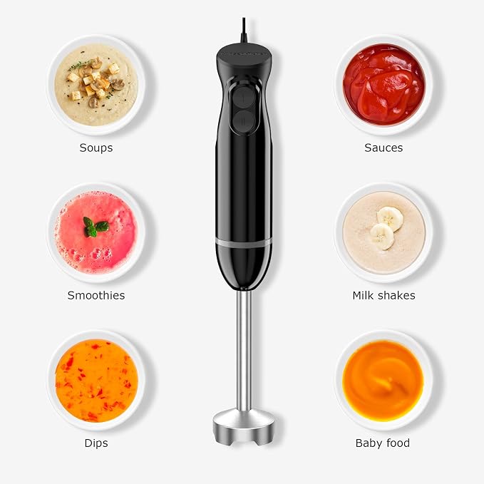 Bonsenkitchen Immersion Hand Blender, Smoothie, Puree, Baby Food | Electric Handheld Mixer Portable Stick Mixer with Stainless Steel Blades for Soup, Emulsion Blender with 2 Mixing Speed