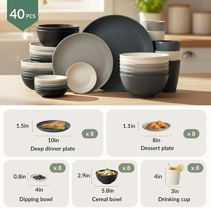 40 PCS Wheat Straw Dinnerwave Sets for 8 Unbreakable Plates and Bowls Sets with Cups & Saucers, Microwave Dishwasher Safe Dishes Sets for Kitchen, Camping, RV, Party, Stackable (Gery Stone)