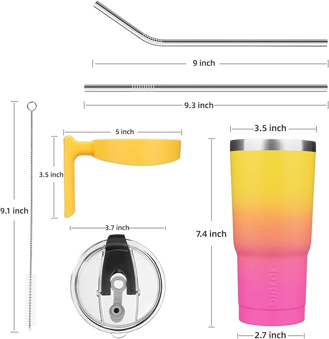 BJPKPK 20 oz Tumbler with Handle & Straw, Insulated Stainless Steel Mug | Double Wall Vacuum, Keeps Hot/Cold, Thermal Cup, BPA Free, Dishwasher Safe, Cupholder Fit, Coffee & Travel, Pink Yellow Rose