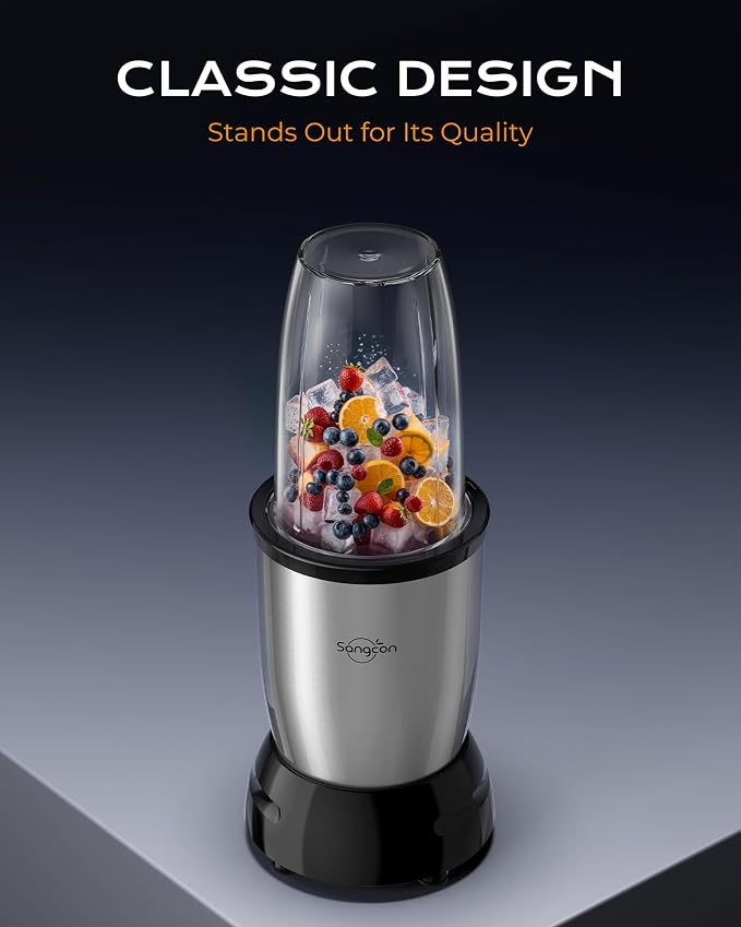 Sangcon 1000W Personal Smoothie Blender, Protein Shakes, Home & Gym, Silver | 37/32/22 oz BPA-Free To-Go Cups with 8-Leaf Blade and Flat 2-Blade Grinder: Ice, Sauces, Coffee, Nuts, Grains, Seeds, Spices