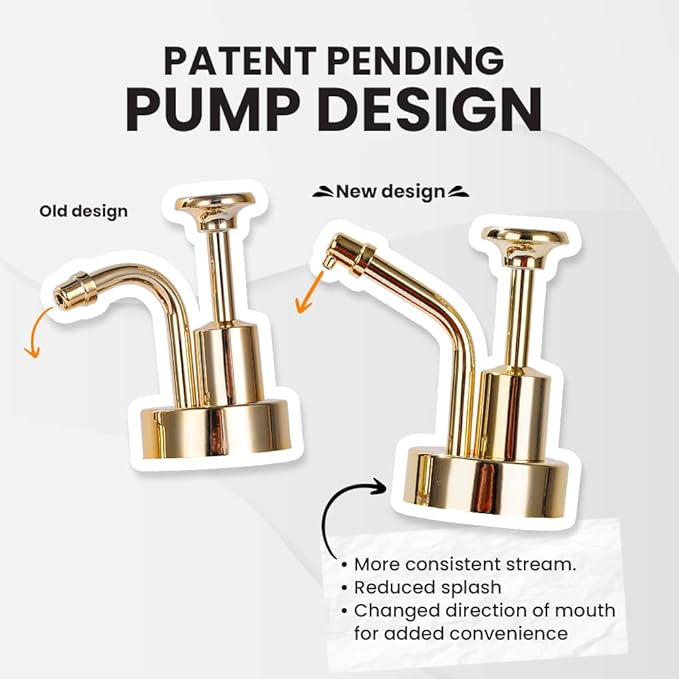 Syrup Dispenser for Coffee Bars, Glass Syrup Bottle w. Pump, 16.9 oz 500 ml, Set of 2, Gold Upgraded Dispenser