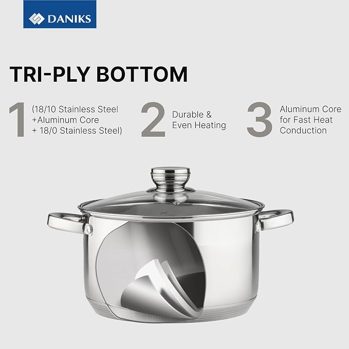 Daniks Standard 4 Quart Stainless Steel Stock Pot with Glass Lid, Tri-Ply Bottom for Even Heating, Induction Compatible, Dishwasher Safe, Built-In Measuring Scale, Silver
