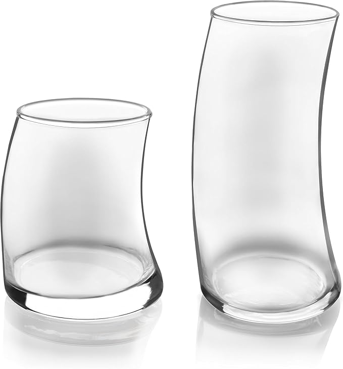 Libbey Swerve Drinking Glasses Set of 16, Chip-Resistant Tumbler and Rocks Glass Cups Set, Fun, Edgy Everyday Drinking Glasses for Special Events