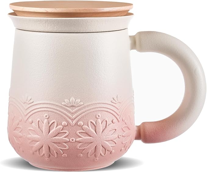 ZENS Tea Mug with Infuser and Lid for Loose Tea Diffusers, 12oz Pink | Embossed Ceramic Tea Cup with Infuser for Herbal Tea Steeper, Tea Lovers Gifts, Japandi Style Sunflower