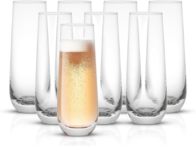 JoyJolt Milo Stemless Champagne Flutes Set of 8 Crystal Glasses. 9.5oz Prosecco Wine Flute, Mimosa Glasses, Cocktail Glass Set, Water Highball Glass, Bar Glassware