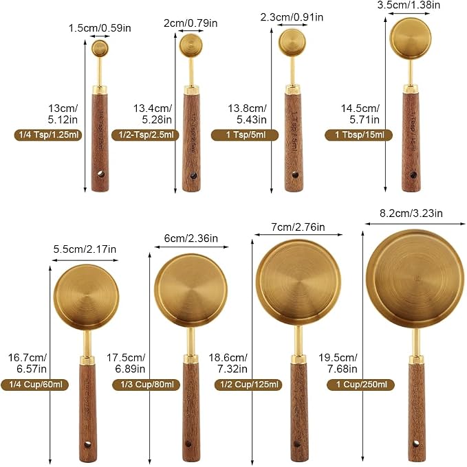 8Pcs Gold Measuring Cups and Spoons Set, Golden Stainless Steel Measuring Cups with Wooden Handle and 4 Measuring Spoons Set for Kitchen Baking Cooking