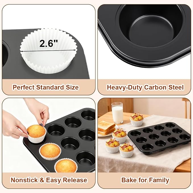 Muffin Pan & Cupcake Pan, 2 Pack 12-Cup Muffin Tin for Baking with 120 Cupcake Liners, Nonstick Heavy Duty Carbon Steel Cupcake Tins, Scratch Resistant Baking Pans Set for Family & Party