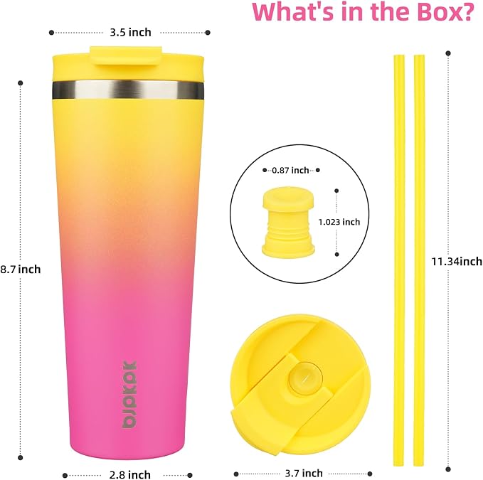 BJPKPK 26 oz Coffee Tumbler with Straw, Insulated Stainless Steel Cup | Double Wall Vacuum, Leak Proof Lid, Keeps Hot/Cold/Iced, BPA Free, Dishwasher Safe, Travel & Outdoor, Pink Yellow Rose