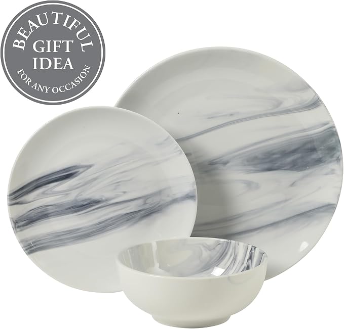 Gibson Home Cloudlight 12 Piece Plates and Bowls Dishes Blue and White - Decorated Porcelain Ceramic Dinnerware Set - Service for 4