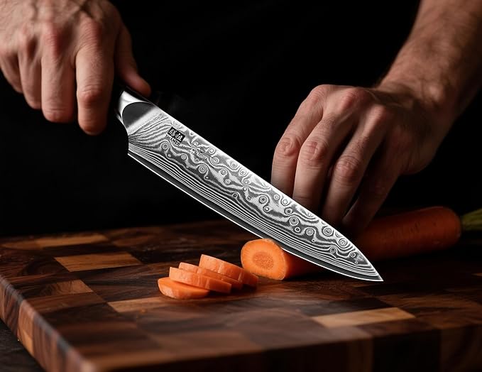 SHAN ZU Damascus Chef Knife,Utility Knife 6 In Japanese Steel Kitchen Knife | 67 Layers Professional High Carbon Super Steel Kitchen Knives with Ergonomic G10 Handle