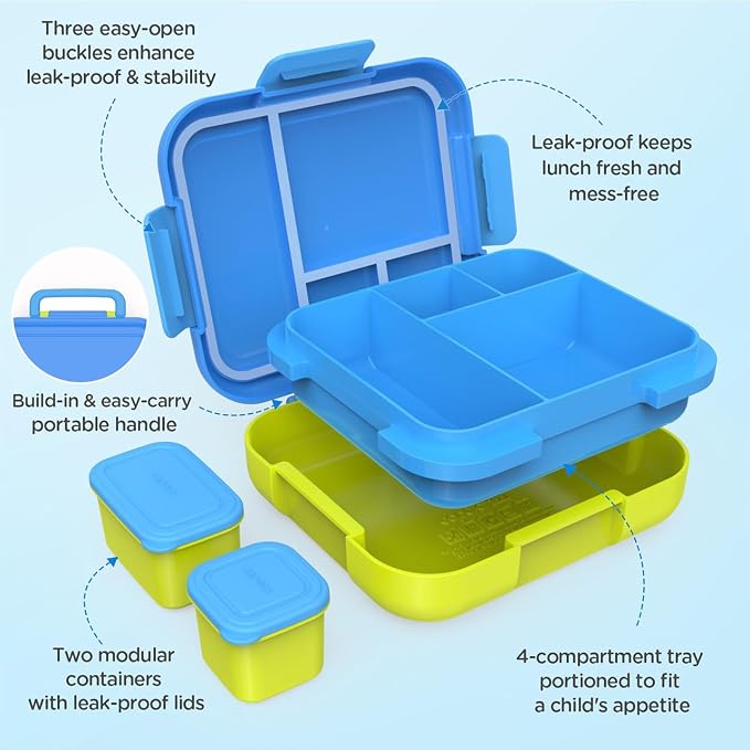 Caperci Bento Box for Kids Age 4-8 - 4.8 Cups Lunch Box with 2 Modular Containers - 4 Compartments Lunch Container, Leak-Proof, Portable Handle, Microwave/Dishwasher Safe (Blue/Juicy Pear)