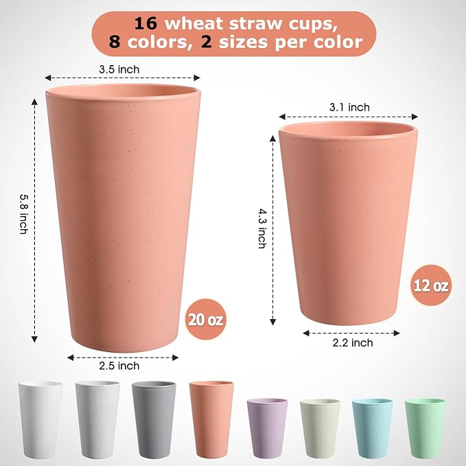 HEYCOME Set of 16 Wheat Straw Cups, 8 Pcs 20 oz & 8 Pcs 12 oz Unbreakable Drinking Cups, Reusable Plastic Cups Sets, Water Glasses Tumblers, Microwave & Dishwasher Safe, Bpa Free, 8 Colors