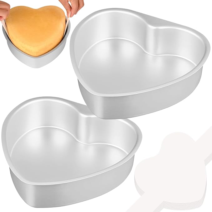 HUAKENER 9.5 Inch Heart Cake Pan, Non-stick Aluminum Heart Cake Pan | Set 2 Pack Heart Shaped Cake Pans with 60 Pieces Parchment Paper, Non-stick Cake Baking Pans for Kitchen Birthday Wedding