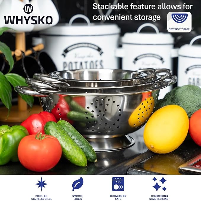 3-Pack Stainless Steel Colander Set, 5, 3 & 1 Qt with Handles | Durable Metal Kitchen Strainers Set with Heat Resistant Handles for Pasta and More, Rustproof and Dishwasher Safe