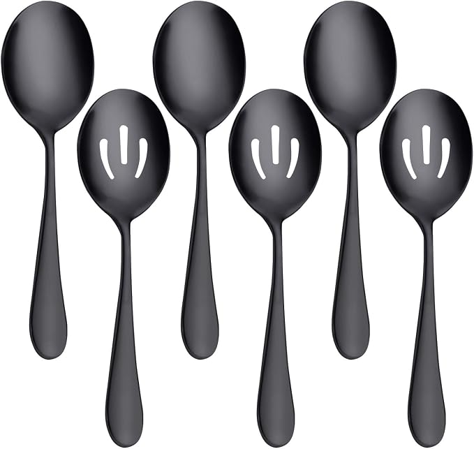 AOOSY 8.7Inch Matte Black Stainless Steel Serving Spoon Set,6Pcs | Serving Spoons x 3, Slotted Spoons x 3,Utility Advanced Buffet Utensils, Premium Skimmer & Perforated Design