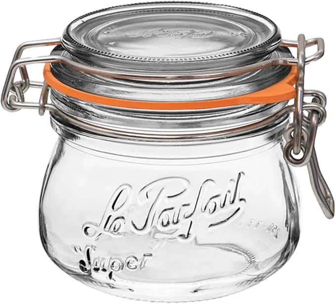 Le Parfait Super Jar 250ml (8oz) Glass Canning Jar, Wire Bail Lid, 1 Pack | Airtight rubber seal for canning, preserving pickles, sauces and whole fruit, fermentation and pantry storage; Made in France