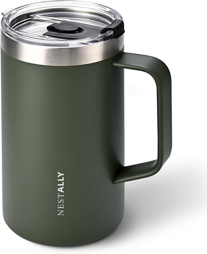 NESTALLY Cozy 20oz Insulated Coffee Mug with Handle & Lid, Olive Green | Stainless Steel Double Wall Vacuum Travel Mug for Hot & Cold Drinks, Reusable Coffee Tumbler, Non-Slip Base, BPA-Free