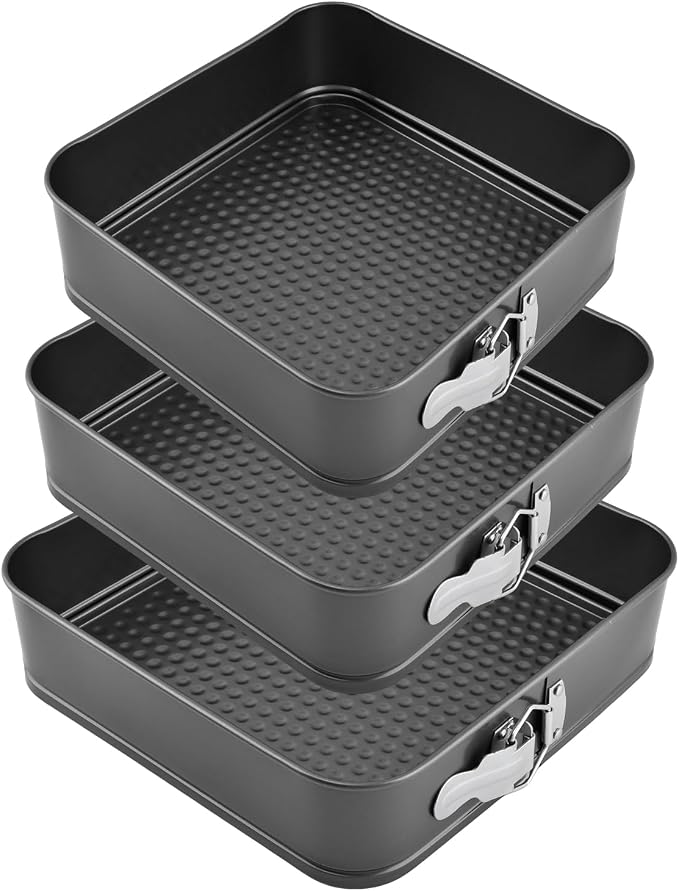 Springform Pan Set of 3 (9,10,11 Inch) - Square Shaped Leakproof Cheesecake Pans with Removable Bottom, Nonstick Carbon Steel Cake Tin for Valentine‘s Day, Anniversary Baking (Square)