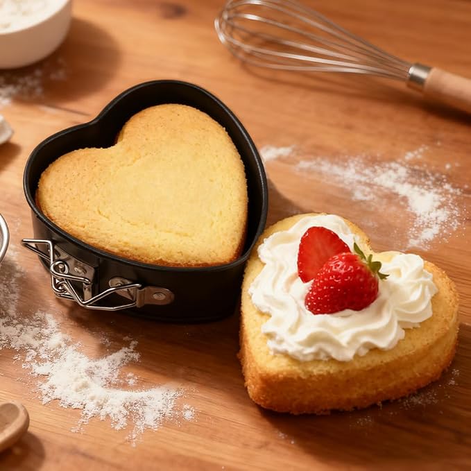 4 Inch Heart Springform Pans, Set of 4 Baking Pan | Mini heart shaped springform pans with removable bottoms and nonstick carbon steel; oven safe to 450F