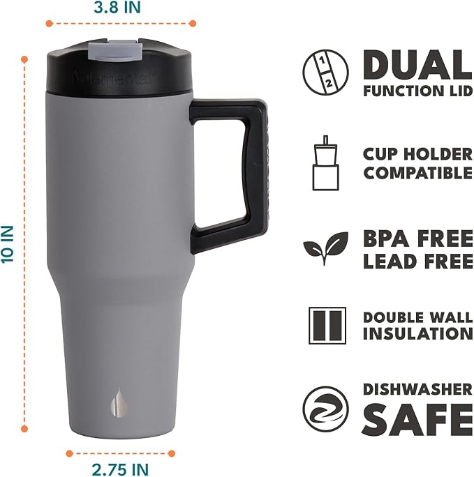 Elemental 100% Leak Proof 32oz Tumbler with Handle & Straw Travel Mug | Stainless Steel Double Wall Insulated Tumbler for Hot and Cold Beverages with Sip & Straw Lid