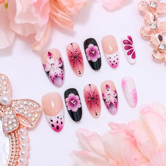 30Pcs 3D Flower Press On Nails Medium Almond Fake Nails Purple Pink Nude Gradient Acrylic Nails with Rhinestones Designs French Tip False Nails Full Cover Summer Floral Artificial Nails for Women