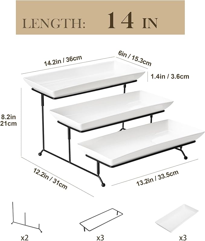 MALACASA 3 Tier Serving Trays, White Porcelain Serving Platters, 14 Inch | Tiered Cupcake Stand for Party, Fruit Tray, Trays for Serving Food, Dessert Stand with Collapsible Sturdier Metal Rack