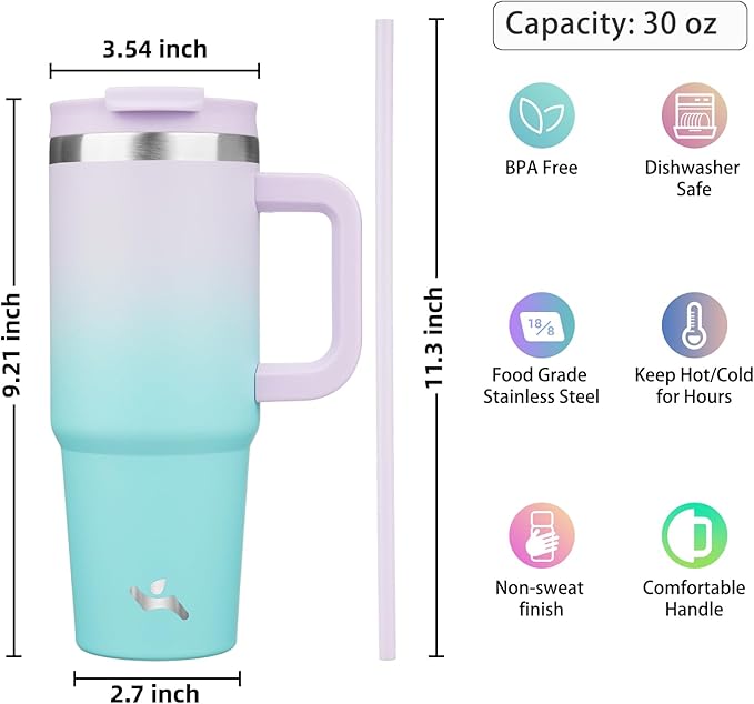Konokyo 30 oz Insulated Tumbler Water Bottle with Handle, Straw Lid | BPA-free and dishwasher safe; made for gym, travel, coffee and gifting, 2 straws, cup holder friendly,Lavender Green