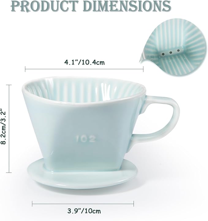 Pour Over Coffee Dripper, Ceramic Pour Over Coffee Maker, Green | 3 Holes Flat Bottom, Easy Manual Brew Maker, Porcelain Slow Filter Cone for Travel, Camping, Office, Home