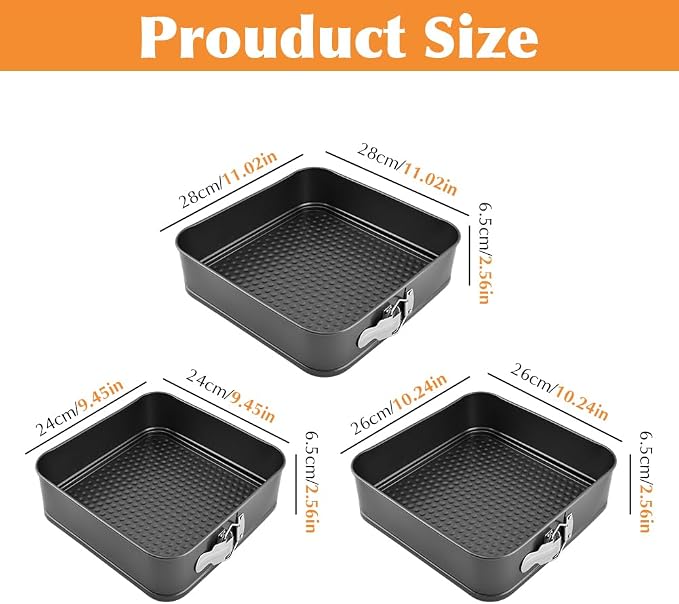 Springform Pan Set of 3 (9,10,11 Inch) - Square Shaped Leakproof Cheesecake Pans with Removable Bottom, Nonstick Carbon Steel Cake Tin for Valentine‘s Day, Anniversary Baking (Square)