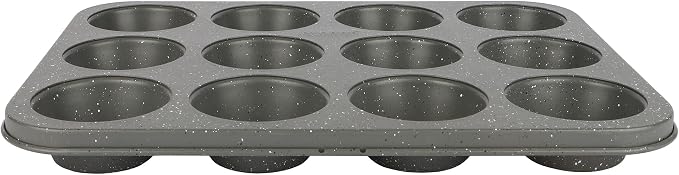 David Burke 12-Cup Muffin Pan, Carbon Steel, PFTE & PFOA Free, Oven Safe, Diamond Textured Surface – Gray Speckle