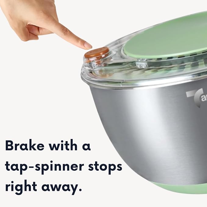 Stainless Steel Salad Spinner with Storage Lid, 5.3Qt, | BPA-Free, 5-in-1 lettuce spinner with non-slip base, dishwasher safe, 5 slicer blades, egg yolk separator, Stop Button