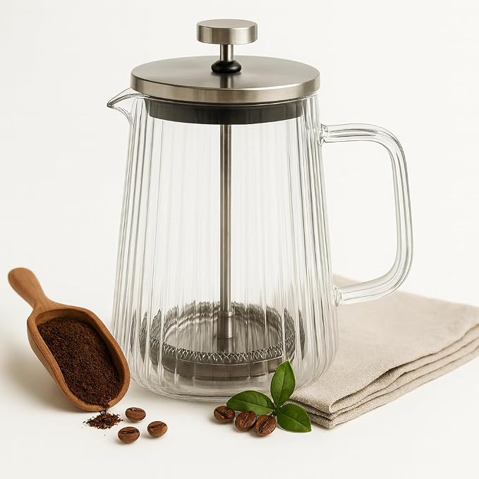 French Press Coffee Maker – 650ml / 22oz – Ribbed Glass Design – Borosilicate Glass with Stainless Steel Filter –Serves Small 4–5 cups