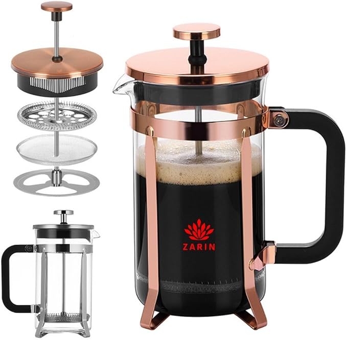 ZARIN 34oz (1L) French Press Coffee & Tea Maker – Borosilicate Glass & Stainless Steel Coffee Brewer with 2 Bonus Filters – Portable Cold Brew & Tea Press, silver color