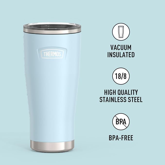 THERMOS Icon Series 24oz Stainless Steel Tumbler with Slide Lock Lid, Leakproof, Fits Cupholder, Dishwasher Safe, Griptec™ Non‑Slip Base, Keeps Drinks Hot 6 Hrs/Cold 22 Hrs, Glacier