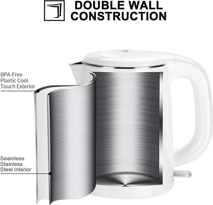 Secura Stainless Steel Double Wall Electric Kettle Water Heater for Tea Coffee w/Auto Shut-Off and Boil-Dry Protection, 1.0L (White) SWK-1001DW/HB-K012