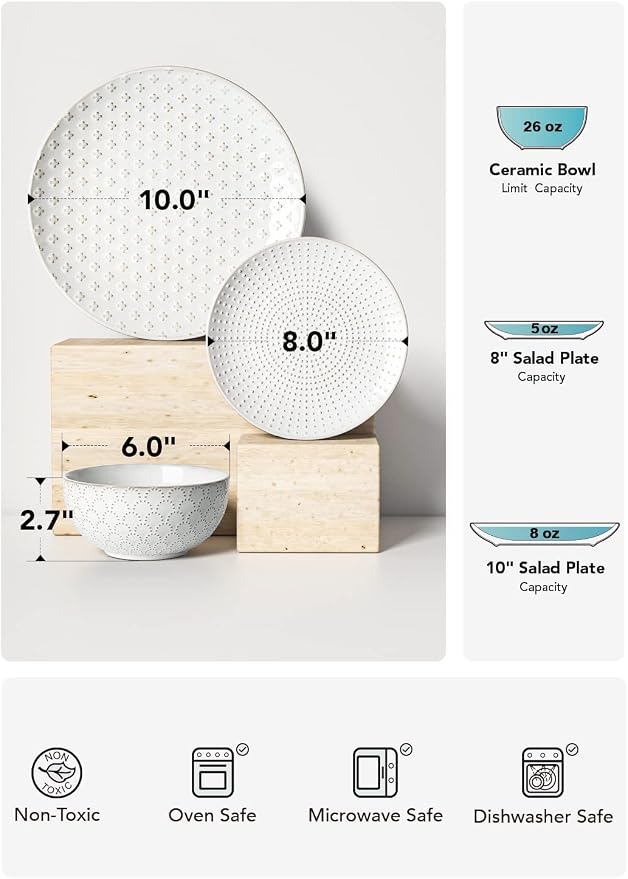 LE TAUCI Ceramic Dishes Set for 4, 12 Piece Plates and Bowls Sets, Embossed Kitchen Dinnerware Sets, Chip Resistant, Microwave & Dishwasher Safe, Arctic White (8"&10" Plate, 26oz Bowl)
