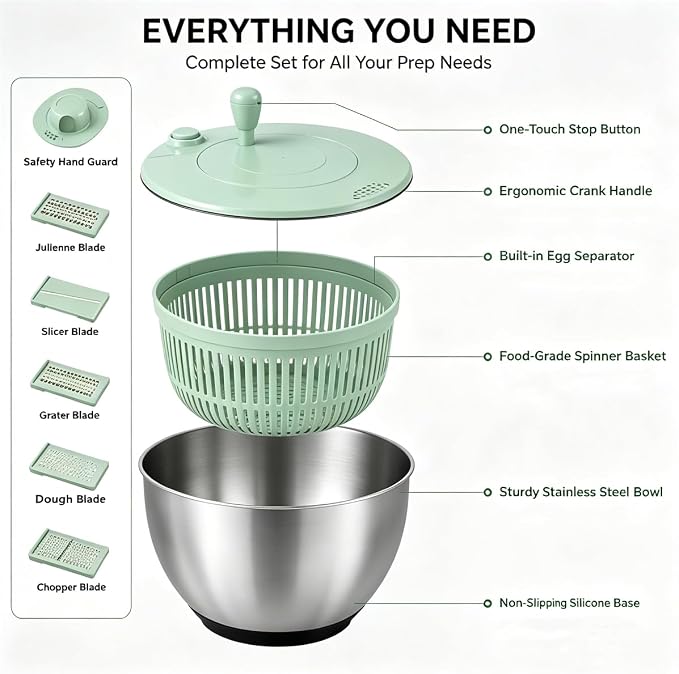 3 in 1 Salad Spinner with Mandoline Slicer, All in One Slicer Bowl, Multifunctional Salad Spinner Small Stainless Steel, Vegetables Wash Bowl, Fruits & Lettuce Dryer with 5 Blade (Stainless Steel)