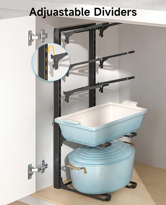 MUDEELA 10-Tier Pots and Pans Organizer Rack, 23.62" H for Cast-iron Pans | Adjustable heavy-duty pot rack, Holds big stockpots, cookware & skillets, Fits under cabinet on countertops, Kitchen storage