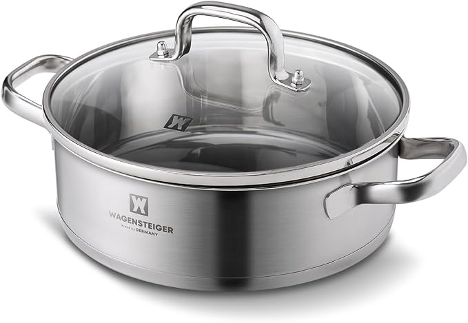 WAGENSTEIGER 4.3 Quart Casserole Pot/Dutch Oven/Saute Pan, 3-Ply Stainless Steel with Aluminum Core, Tempered Glass Lid, Ergonomic Handles, All Cooktops Compatible (9.84" Diameter Casserole)