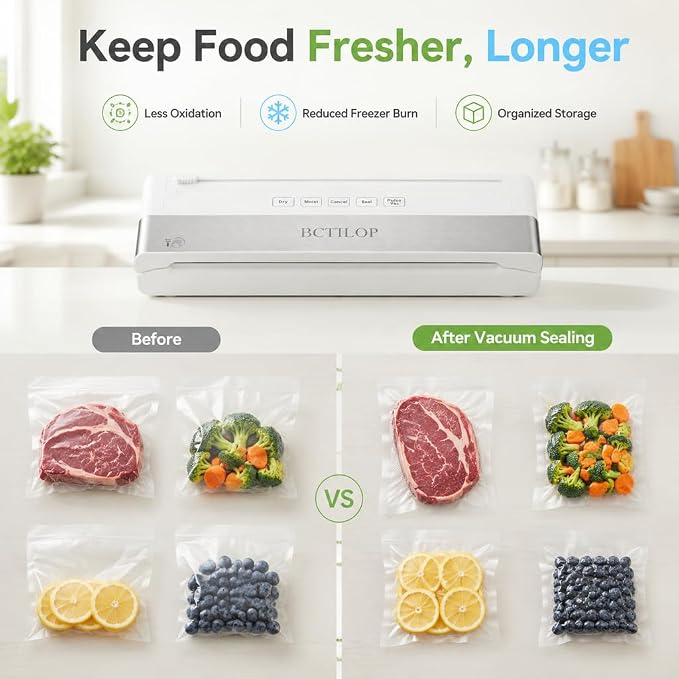 Vacuum Sealer Machine, 75KPa Automatic Food Sealer | with External Vacuum System, 7-in-1 Dry/Moist Modes, Compact Lightweight Design, Built-in Cutter + 10 Bags