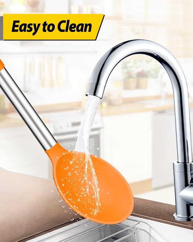 BUNDLEPRO Silicone Cooking Spoons for Non Stick Cookware, 2 Pack, Orange | Heat Resistant, Large Kitchen Spoons for Mixing, Serving, Draining, Stirring